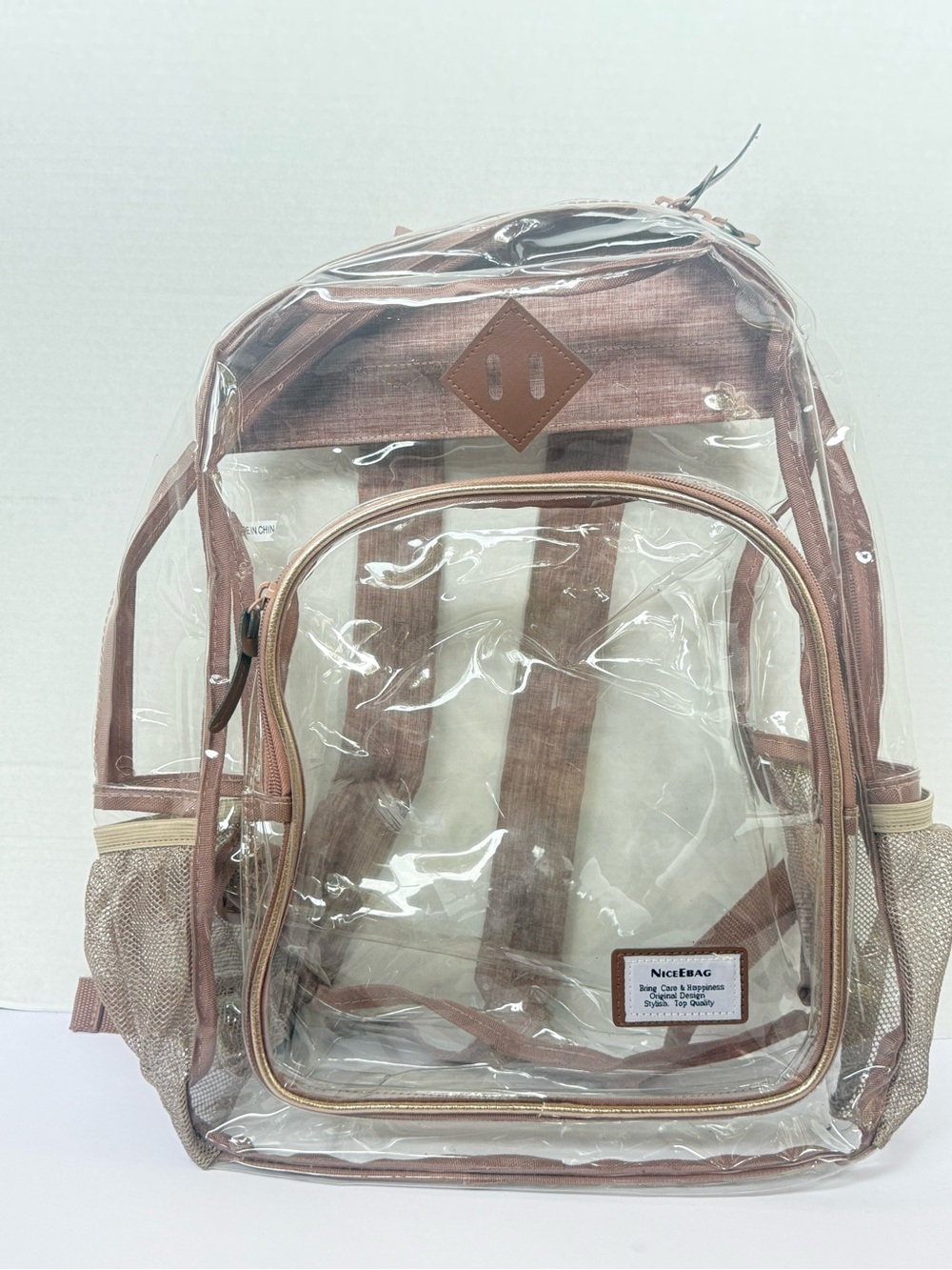 Clear Backpack with Rose Gold Trim and Padded Straps